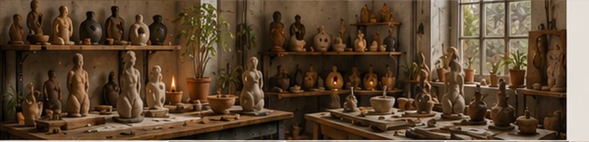 Atelier de sculpture céramique, avec œuvres en cours, visuel d’ambiance